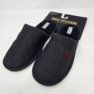 True Religion Slippers Mens Size‎ 7-8 Small Gray Herringbone Slip On Fleece